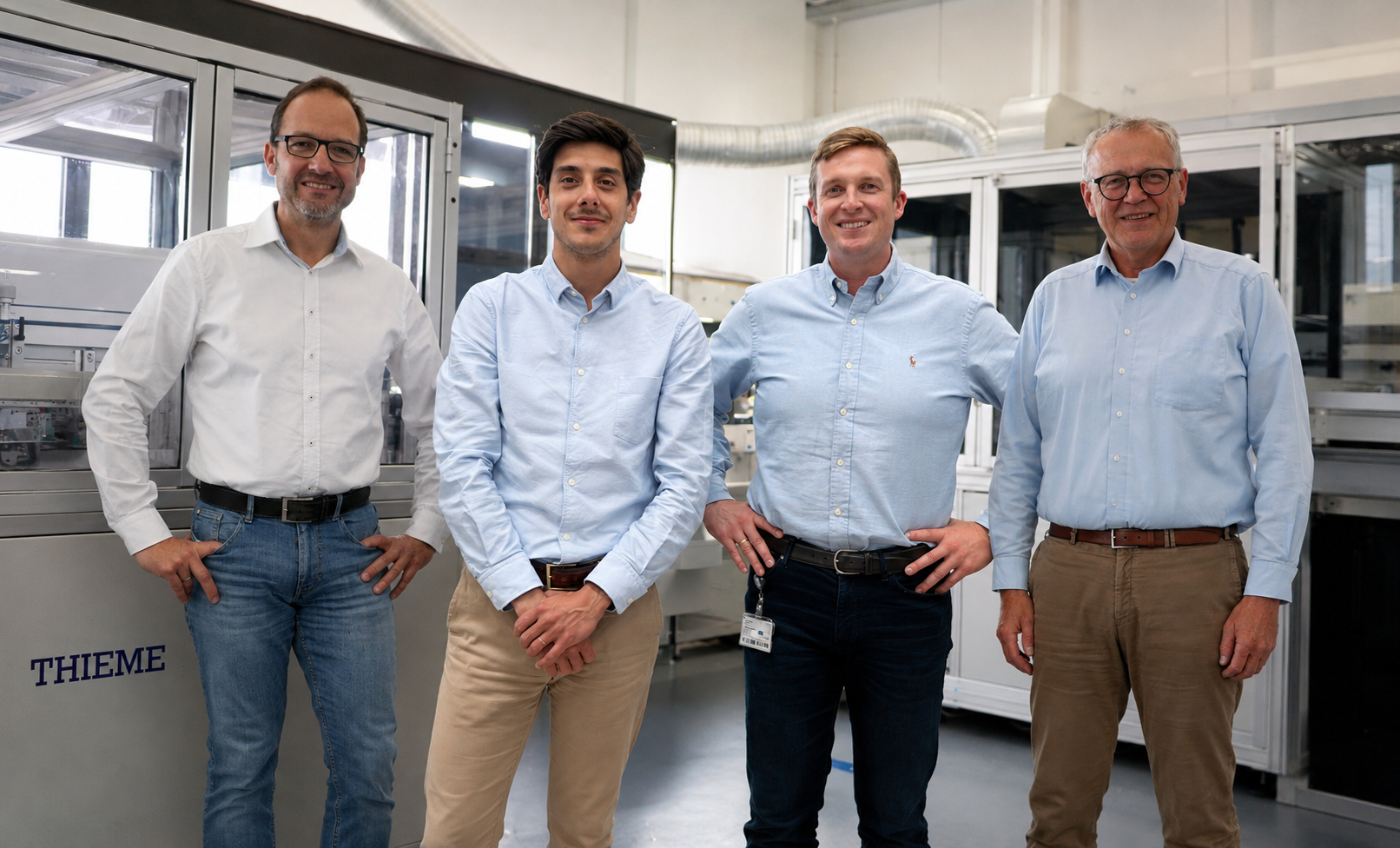 Four team members standing in a production facility, smiling, industrial machines in the background