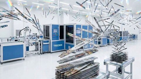 Moderne Fertigung mit Robotik und Digitaldruck, reflektierende bedruckte Komponenten, High‑Tech‑Umgebung | © Foto THIEME modifiziert mit KI -  Photo THIEME modified with AI