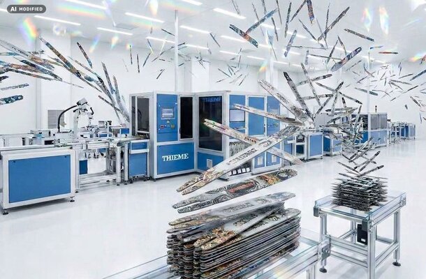 Moderne Fertigung mit Robotik und Digitaldruck, reflektierende bedruckte Komponenten, High‑Tech‑Umgebung | © Foto THIEME modifiziert mit KI -  Photo THIEME modified with AI