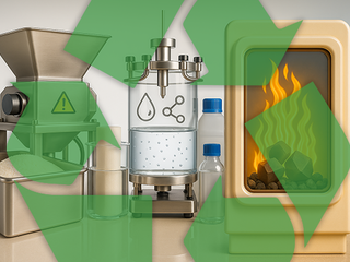 Fotorealistisches Bild eines industriellen Recyclingprozesses mit mechanischem, thermischen und chemischem Recycling – moderne Kreislaufwirtschaft in der Industrie. | © KI