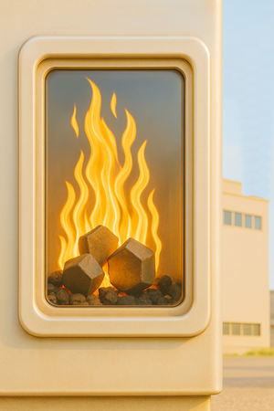 Thermisches Recycling | © KI Fotorealistisches Bild eines Verbrennungsofens für thermisches Recycling mit lodernden Flammen und Industriegebäude im Hintergrund – energieeffiziente Rückgewinnung aus Abfallstoffen | © KI