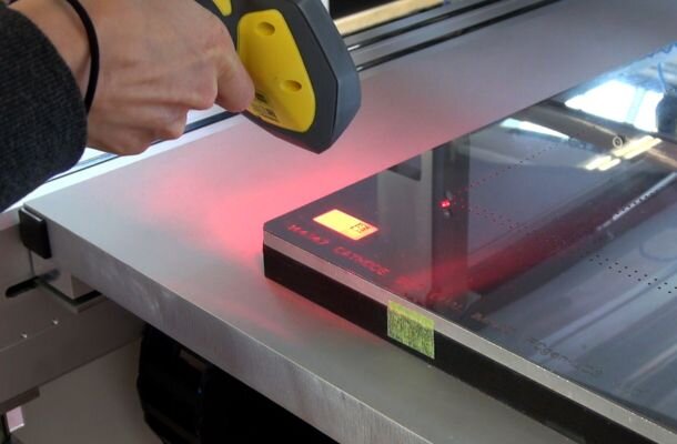 A product is scanned with a barcode scanner
