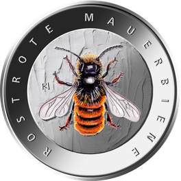 Offizielle deutsche 5-Euro-Sammlermünze mit der Abbildung einer Rostroten Mauerbiene vor grauem Hintergrund.