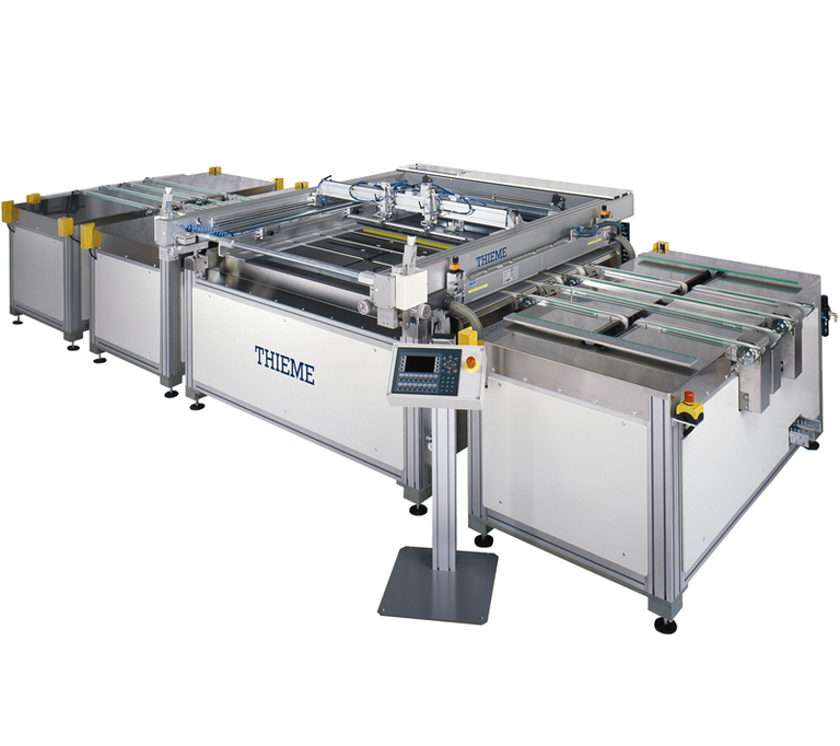 3/4- or fully automatic flatbed screen printing machine for printing on glass and other rigid material