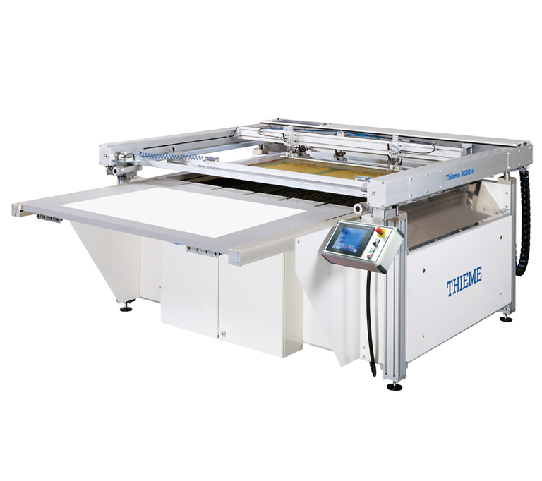 3/4-automatic, flatbed, shuttle table screen printing machine with automatic take-off system