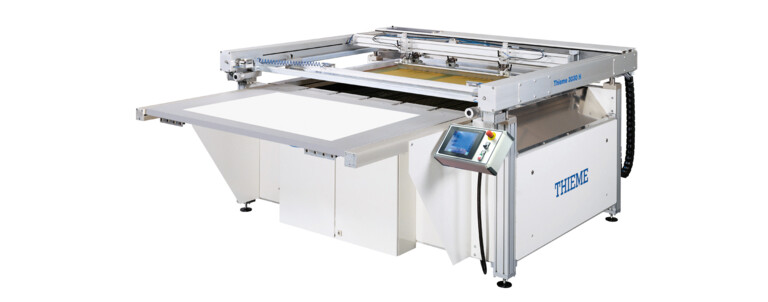 THIEME 3000 3/4-automatic, flatbed, shuttle table screen printing machine with automatic take-off system