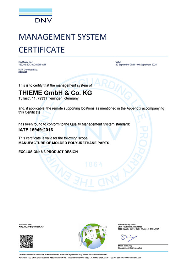 Management System Certificate ISO 16949:2016