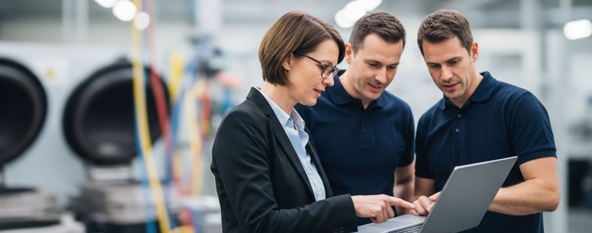 Drei Personen in einer Produktionsumgebung besprechen etwas an einem Laptop, eine Frau zeigt auf den Bildschirm, zwei Männer hören aufmerksam zu. | © KI generiert